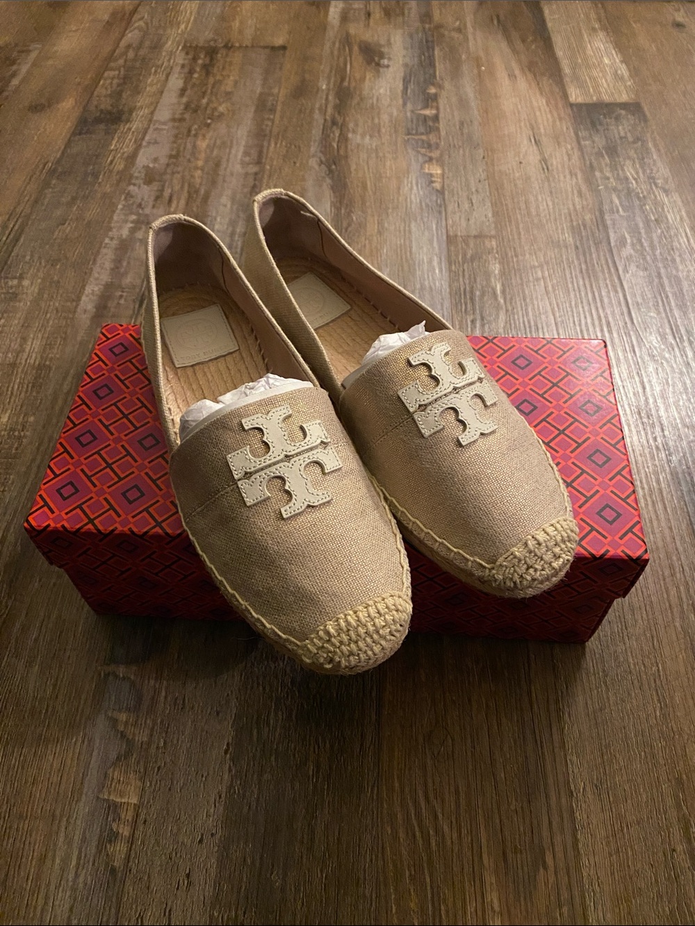 Tory Burch Beige Canvas Logo Espadrille Flats